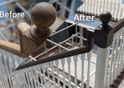 before and after photo showing a staircase in Canada that was stained by FHG Contracting
