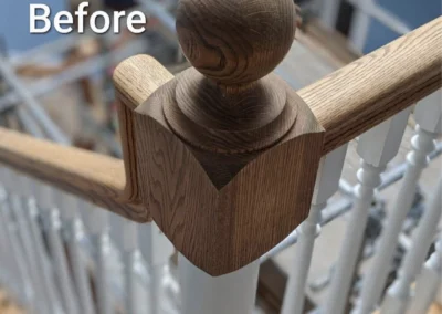 Staircase in Canada before having its wood refinished and stained by FHG Contracting
